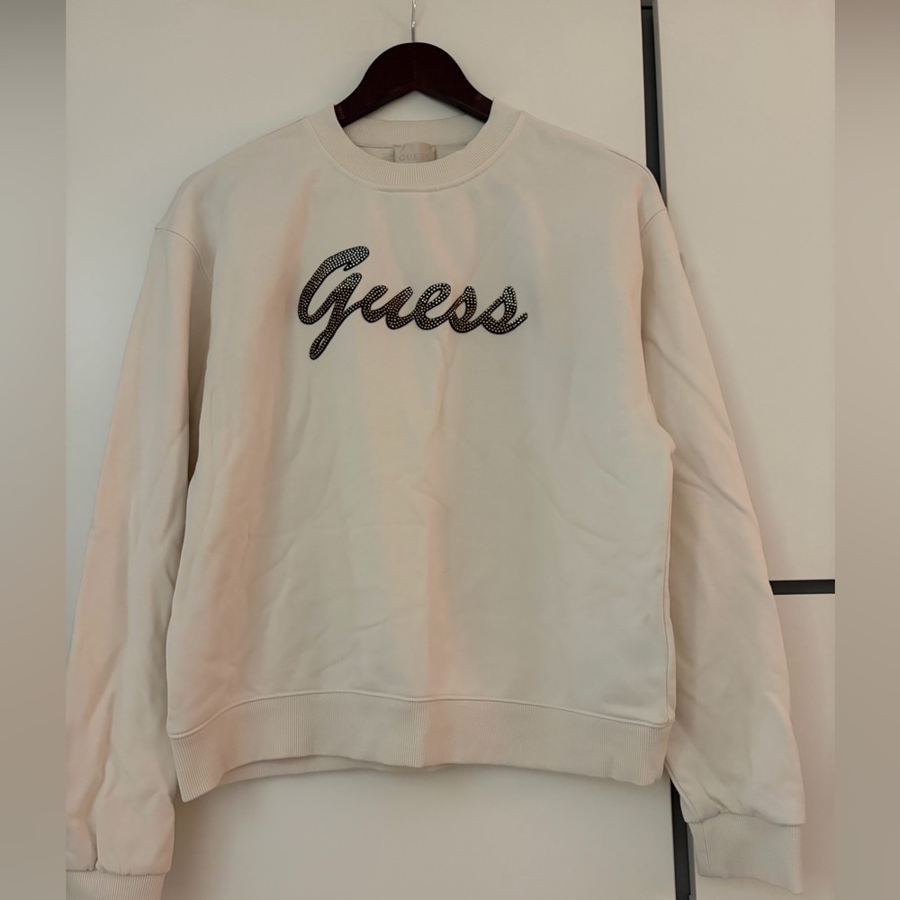 Guess Cream Crewneck Sweatshirt with Black Script Logo
